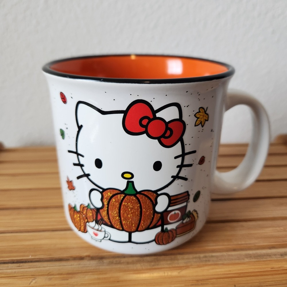 Hello Kitty Double Sided Pumpkin Spice latte‎ Fall Autumn Large Mug Glitter 20oz